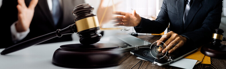 Business and lawyers discussing contract papers with brass scale on desk in office. Law, legal...