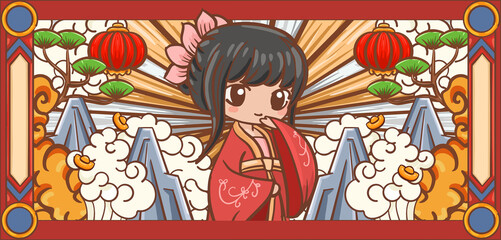 Hand drawn cartoon Chinese elements classical beauty illustration design