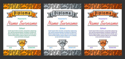 Children's diplomas with a background of pencils with a gold, silver and bronze winner trophy for 1, 2, 3 prizes. Template for a certificate, gratitude, award letter. Vector illustration