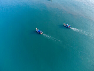 Aerial view of fishing boats off Betalbatim beach at South Goa, located on the West Coast of...