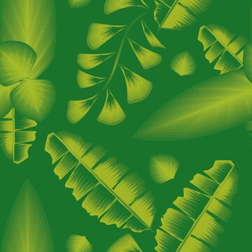 Vector seamless pattern with green monochromatic tropical plants leaves on pastel background. Exotic botanical background design for textile. hawaiian style shirt. Best as wrapping paper or wallpaper