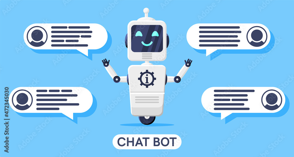 Poster happy smiling robot with bubble speech isolated.