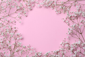 Obraz na płótnie Canvas Frame of beautiful gypsophila flowers on pink background, flat lay. Space for text