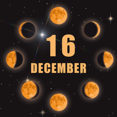 december 16. 16th day of month, calendar date.Phases of moon on black isolated background. Cycle from new moon to full moon. Concept of day of year, time planner, winter month.