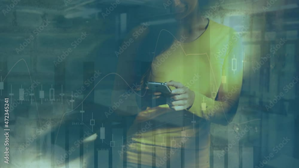 Poster animation of statistics processing over smiling woman using smartphone