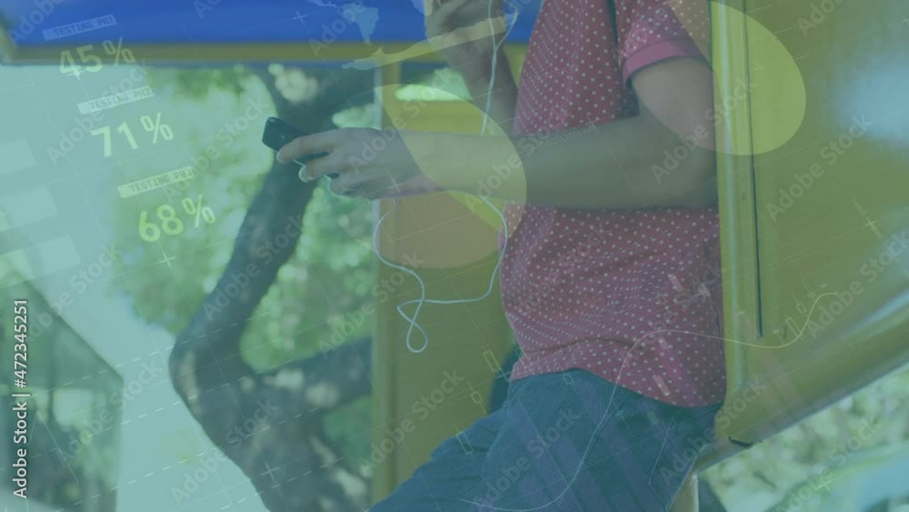 Poster animation of statistics processing over midsection of man using smartphone
