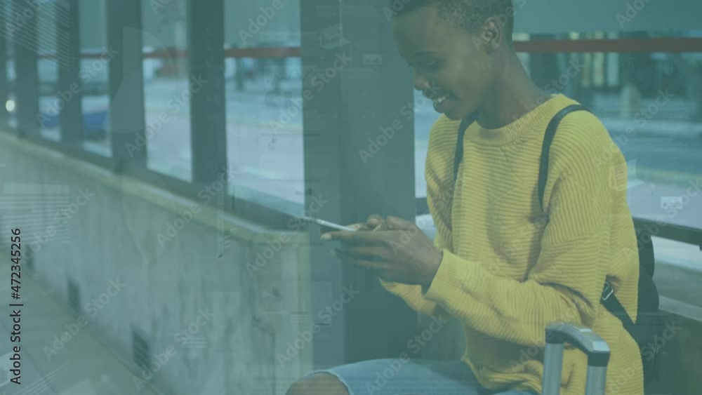 Poster animation of statistics processing over smiling woman using smartphone