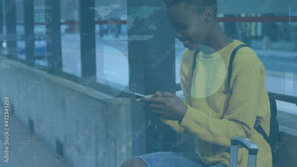 Poster animation of statistics processing over smiling woman using smartphone