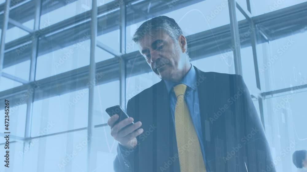 Aufkleber animation of statistics processing over businessman using smartphone