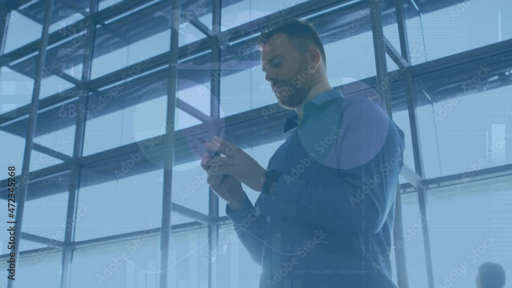 Poster animation of statistics processing over businessman using smartphone