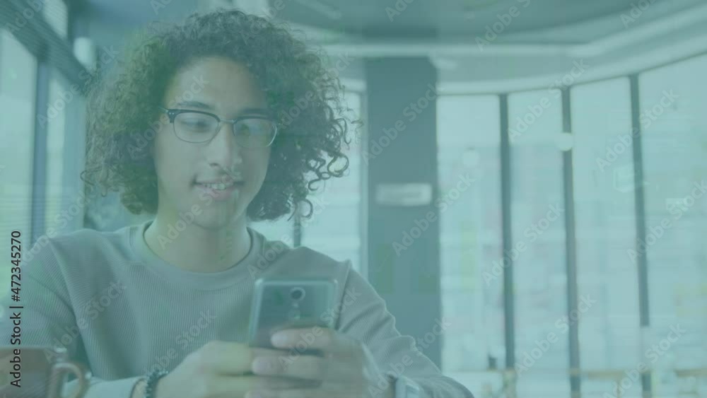 Aufkleber animation of statistics processing over smiling man using smartphone
