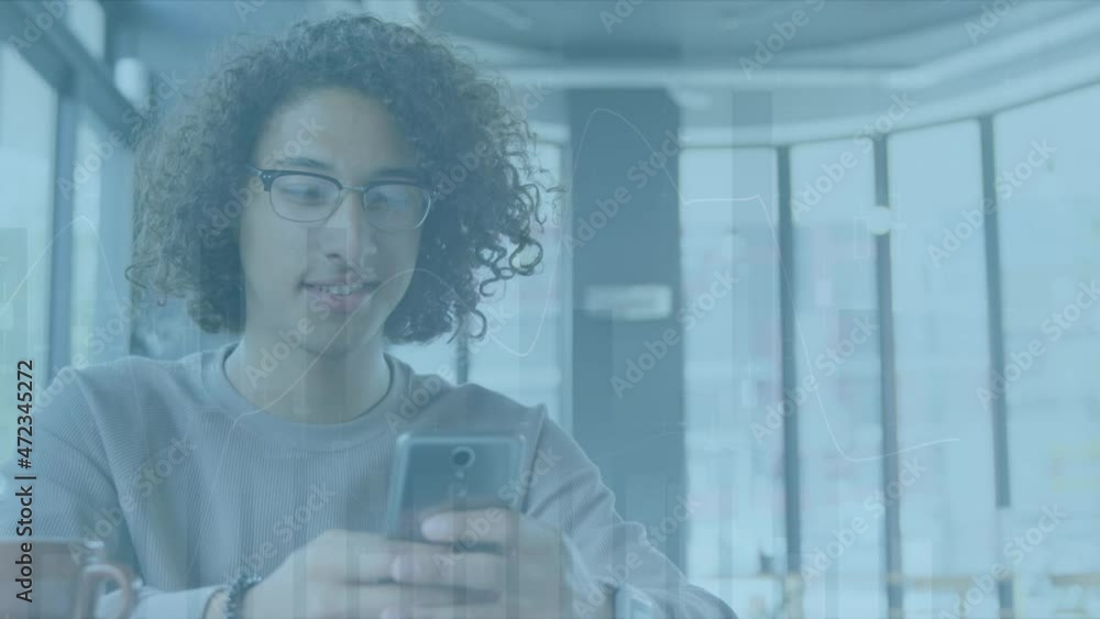 Aufkleber Animation of statistics processing over smiling man using smartphone