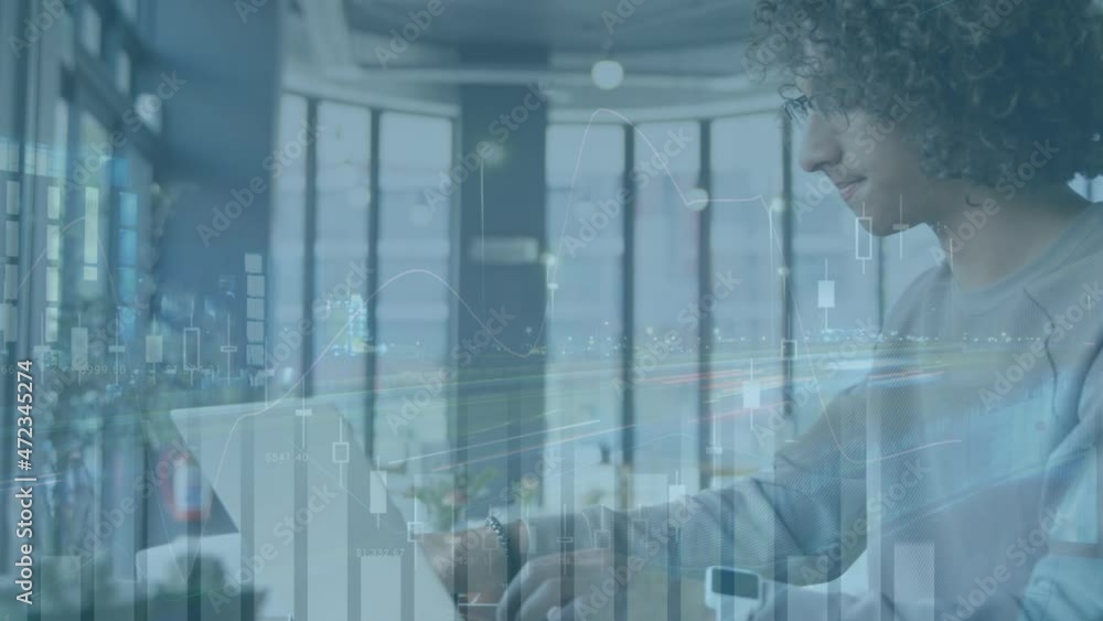 Aufkleber Animation of statistics processing over man using smartphone