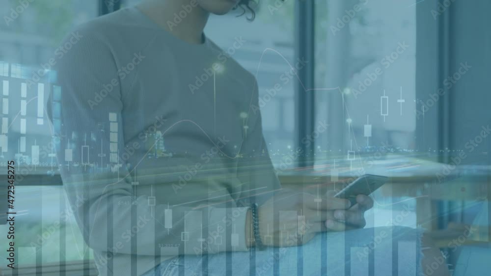 Aufkleber Animation of statistics processing over man using smartphone