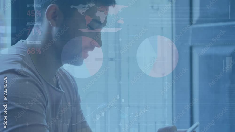 Poster animation of statistics processing over smiling man using smartphone