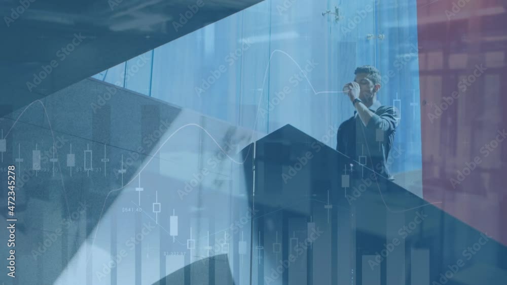 Aufkleber animation of statistics processing over businessman using smartphone