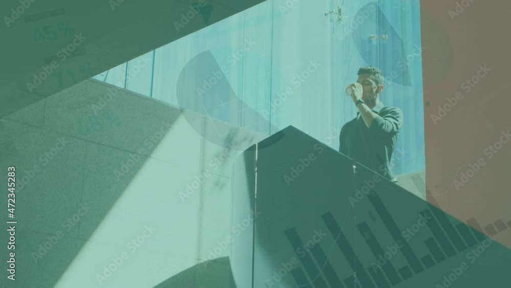 Aufkleber animation of statistics processing over businessman using smartphone