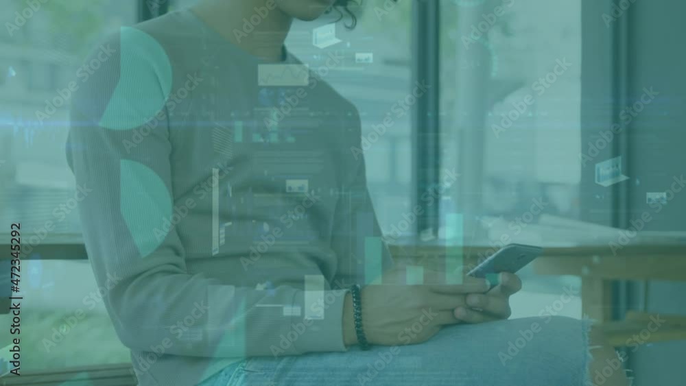 Aufkleber Animation of statistics processing over man using smartphone