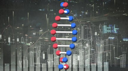 Animation of dna strand spinning, statistics and data processing over cityscape - Powered by Adobe