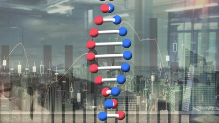 Animation of dna strand spinning, statistics and data processing over cityscape - Powered by Adobe
