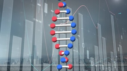 Animation of dna strand spinning, statistics and data processing over cityscape - Powered by Adobe