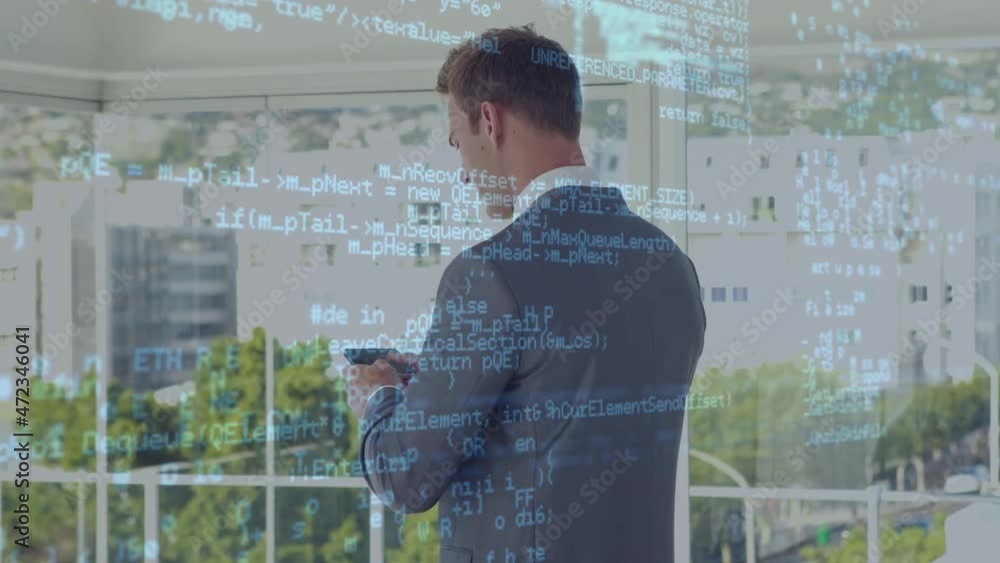 Poster animation of data processing over businessman using smartphone