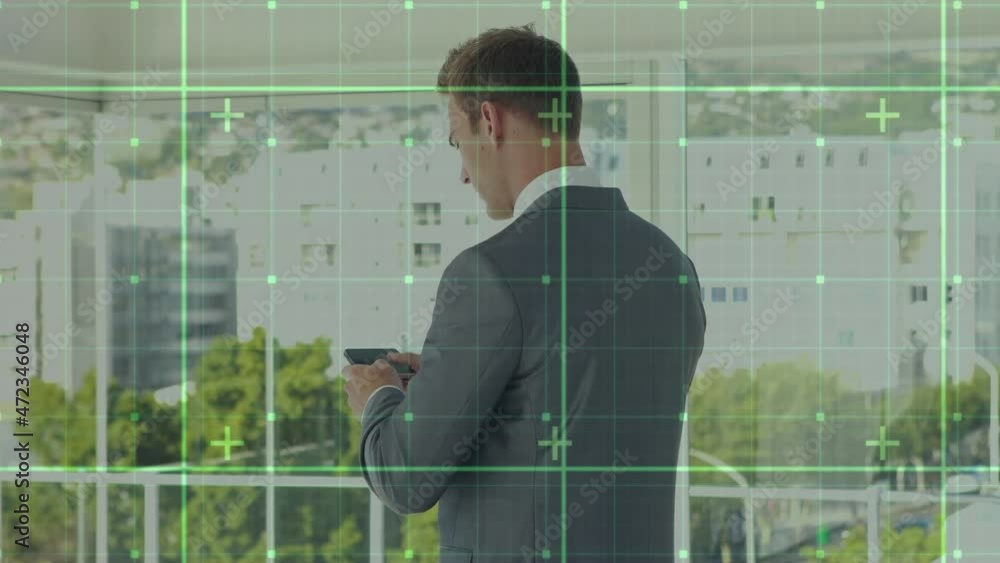 Poster animation of data processing over businessman using smartphone