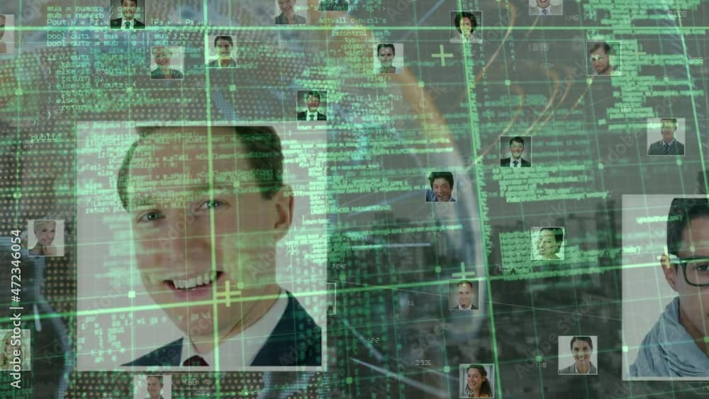 Poster animation of data processing over photos of business people and globe