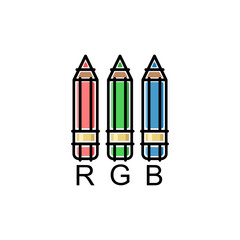 Red, green and blue pencils drawn in a flat simplified childish style. Image with black outline, isolated vector illustration