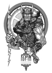 Perun is the Slavic god of thunder, the patron saint of warriors. A hand drawing for a tattoo or for a T-shirt - obrazy, fototapety, plakaty