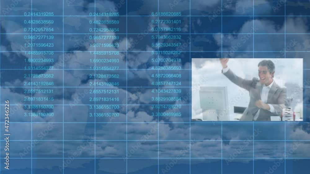 Poster animation of data processing with businessman cheering over clouds and sky