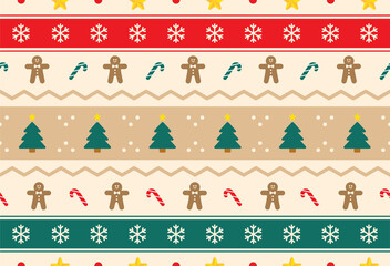 Green Red Beige Cute Merry Christmas Tree Gingerbread Snowflake Candy Cane Element Tribal Ethnic Traditional Nordic Scandinavian Geometric StripePattern Editable Stroke. Cartoon Illustration, Fabric.