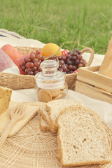 Fototapeta na wymiar picnic concept picnic meal on the white cloth consisting of a basket of a water bottle, apples, oranges, and grapes, a loaf of bread, a jar of cookies and slices of bread