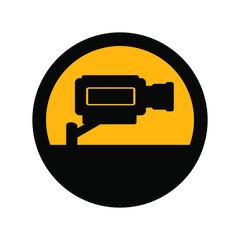 CCTV camera, black and yellow colors, round sign for design on a white background, vector illustration