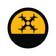 Quadrocopter or drone, black and yellow colors, round sign for design on a white background, vector illustration