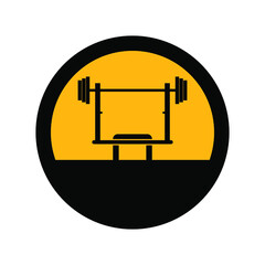 Barbell and bench, black and yellow colors, round sign for design on a white background, vector illustration