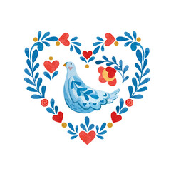 Abstract heart from folklore shapes with a dove inside a wreath of twigs and flowers.