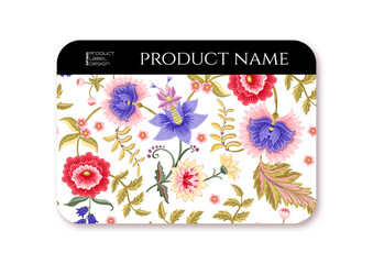 Fantasy flowers in retro, vintage, jacobean embroidery style. Template for product label, cosmetic packaging. Easy to edit. Vector illustration. On white background.