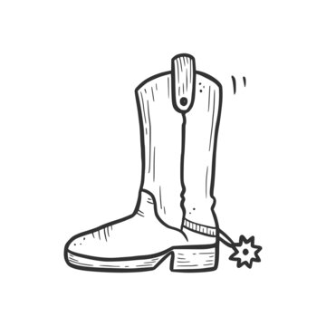 Hand drawn cowboy boot with spur element. Comic doodle sketch style. Boot for cowboy, western concept icon. Vector illustration.