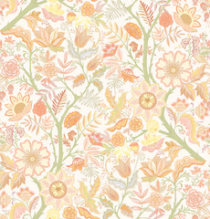 Fototapeta na wymiar Seamless pattern with stylized ornamental flowers in retro, vintage style. Vector illustration in soft colors