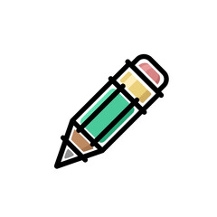 A simple graphic pencil with an eraser at the end, drawn in a flat, simplified, childish style. Color image with black outline isolated vector illustration