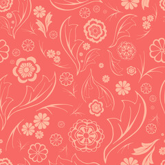 Outline doodle flowers random seamless pattern. Pastel pink floral motifs irregular repeat surface design. Light beige contour endless texture for interior, textile, gift paper or copybook