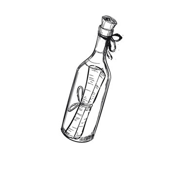 vector outline or hand image, with the theme of the letter message in a bottle