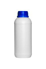 White round pesticide bottle with blue cap on white background