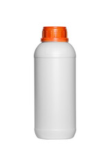 White pesticide bottle with orange cap on white background