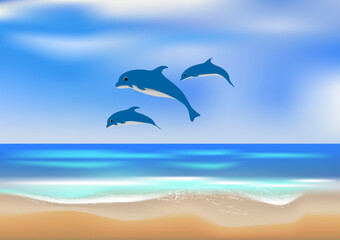 Fototapeta na wymiar landscape view at ocean cute dolphin fish happy jumping with wave vector illustration