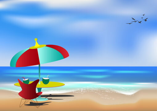 graphics drawing landscape view ocean and blue sky with chair, umbrella vector illustration