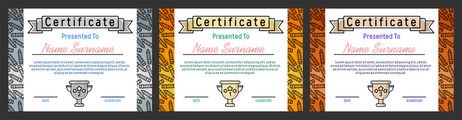 Children's certificate with a background of pencils with a gold, silver and bronze winner trophy for 1, 2, 3 prizes. Template for a diplomas, gratitude, award letter. Vector illustration