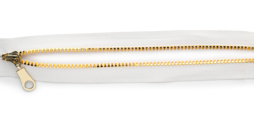 Golden zipper on white background, top view
