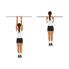 Fototapeta na wymiar Woman doing chin-ups workout. Fitness and bodybuilding exercise in the gym. Healthy and active lifestyle. Isolated vector illustration in cartoon style